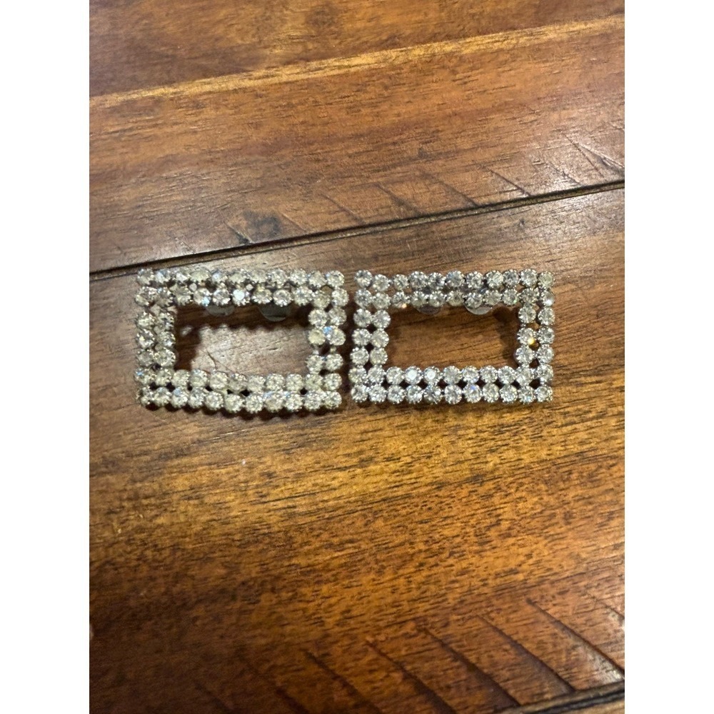 Vintage Shoe Clips Art Deco Silver-tone Metal Dress Rhinestones Rectangle